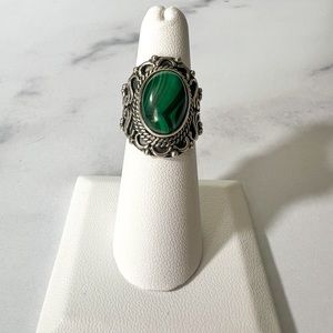 14x10mm Oval Malachite Sterling Silver Solitaire Ring - Size 6